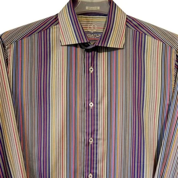 BUGATCHI Collared ShirtMen's sz LargeCottonPurple stripeShaped FitEXC